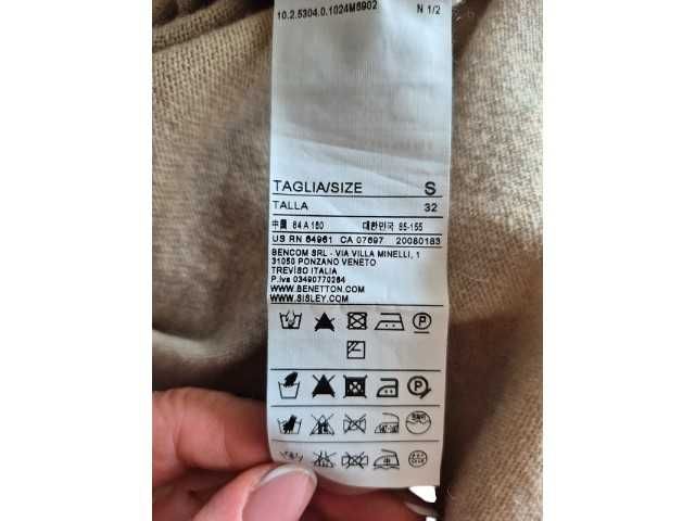 Kardigan Sisley beżowy S wełna długi zapinany z paskiem