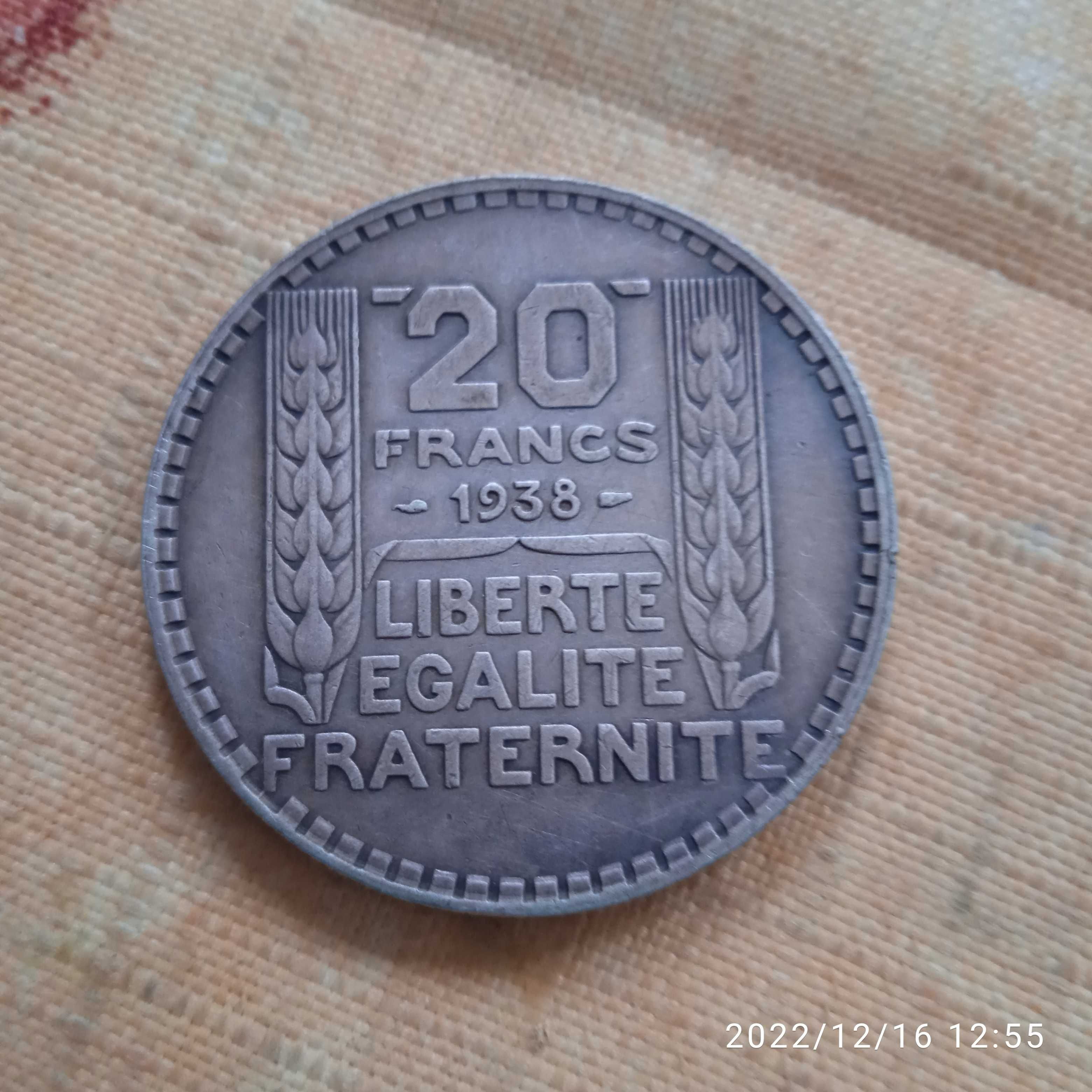 Moneta 20 Franków 1938 rok ag 680 srebro