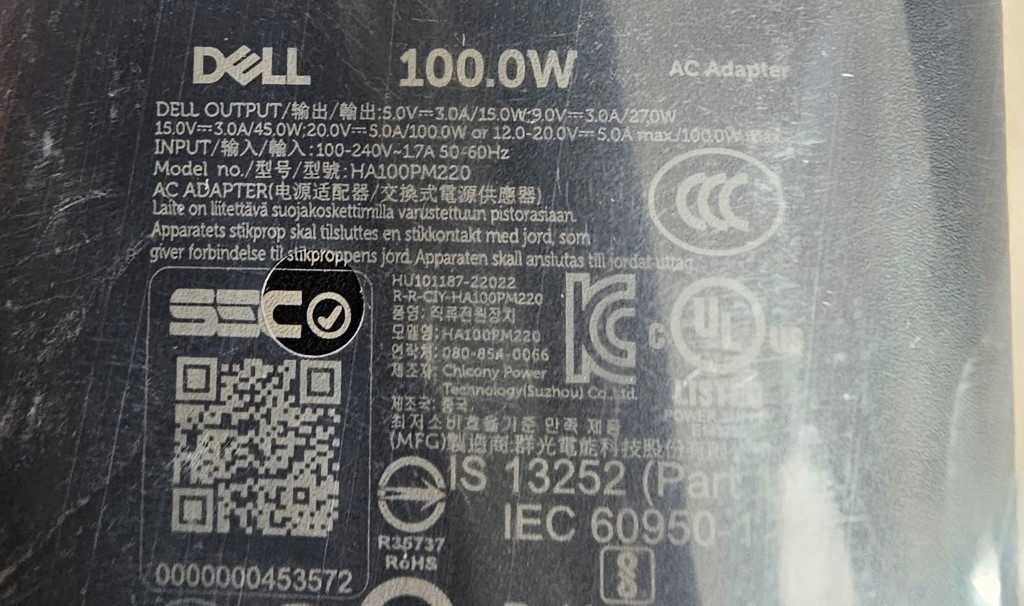 Oryginalny Zasilacz DELL 100W HA100PM220 USB-C + Kabel