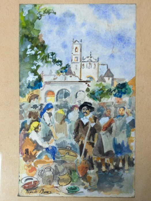 Pintura aguarela romaria igreja | Alfredo Morais