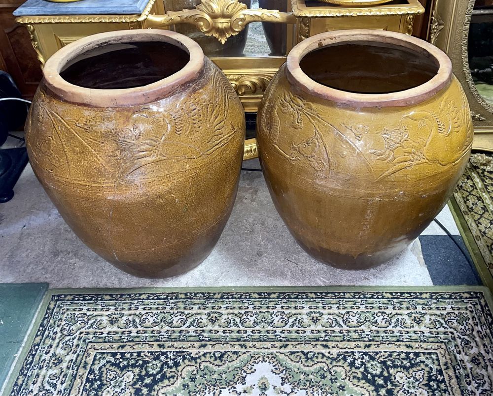 Par de antigas jarras, vasos, talhas Martaban Chinês Antigo