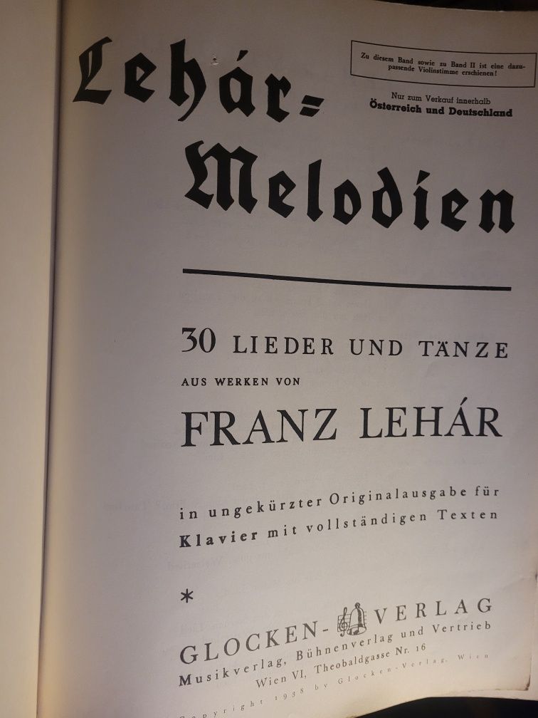 Nuty Franz Lehár Melodien 1937 Glocken Verlag Vien