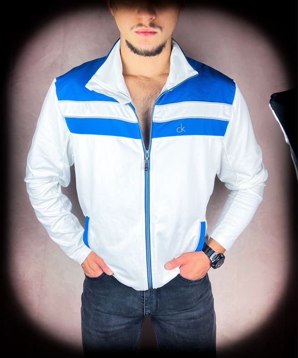 «Calvin Klein» Biała Niebieska Męska Bluza na Zamek, Rozpinana (M)