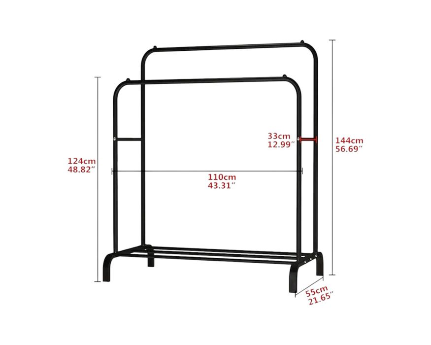 Wieszak stojący na ubrania z półką – duży metalowy stojak 144 cm