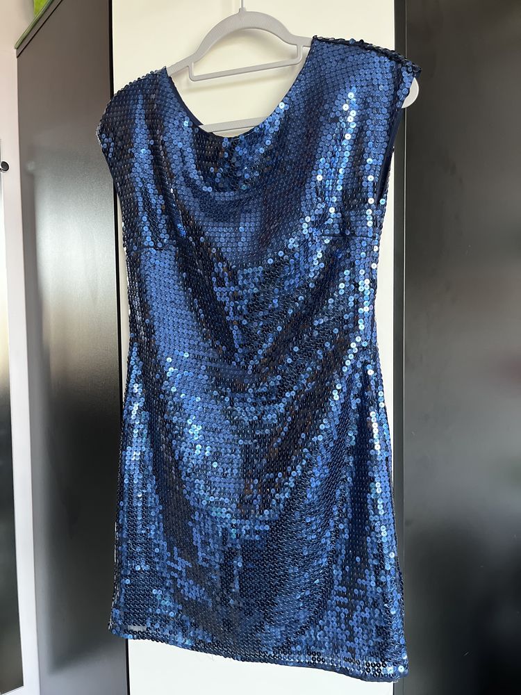 sukienka krótka mini cekiny S obcisła niebieska