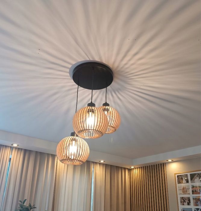 Lampa wisząca potrójna drewniana loft retro