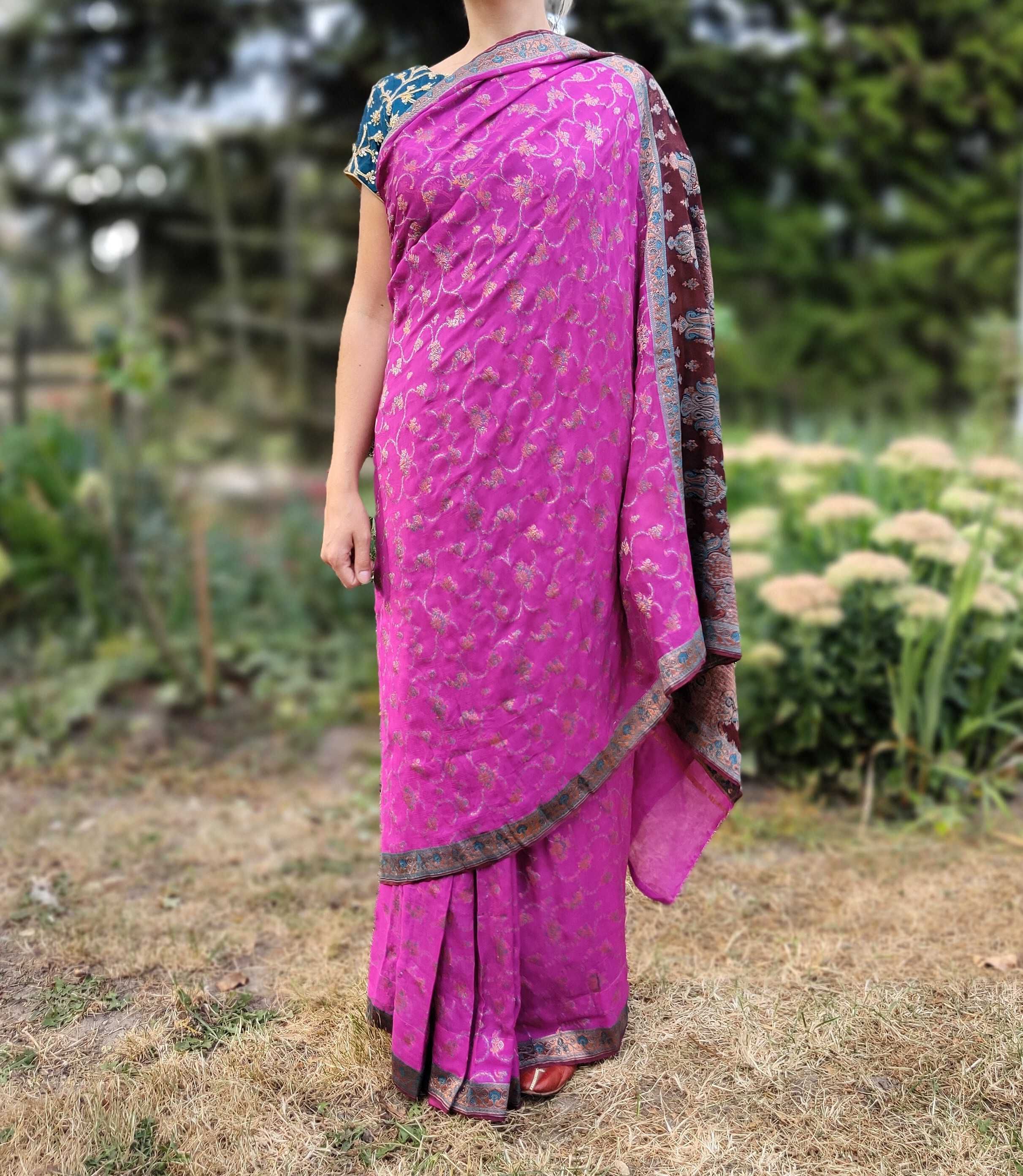 Piękne sari banarasi saree Indie Bollywood Orient różowe szyfon suknia