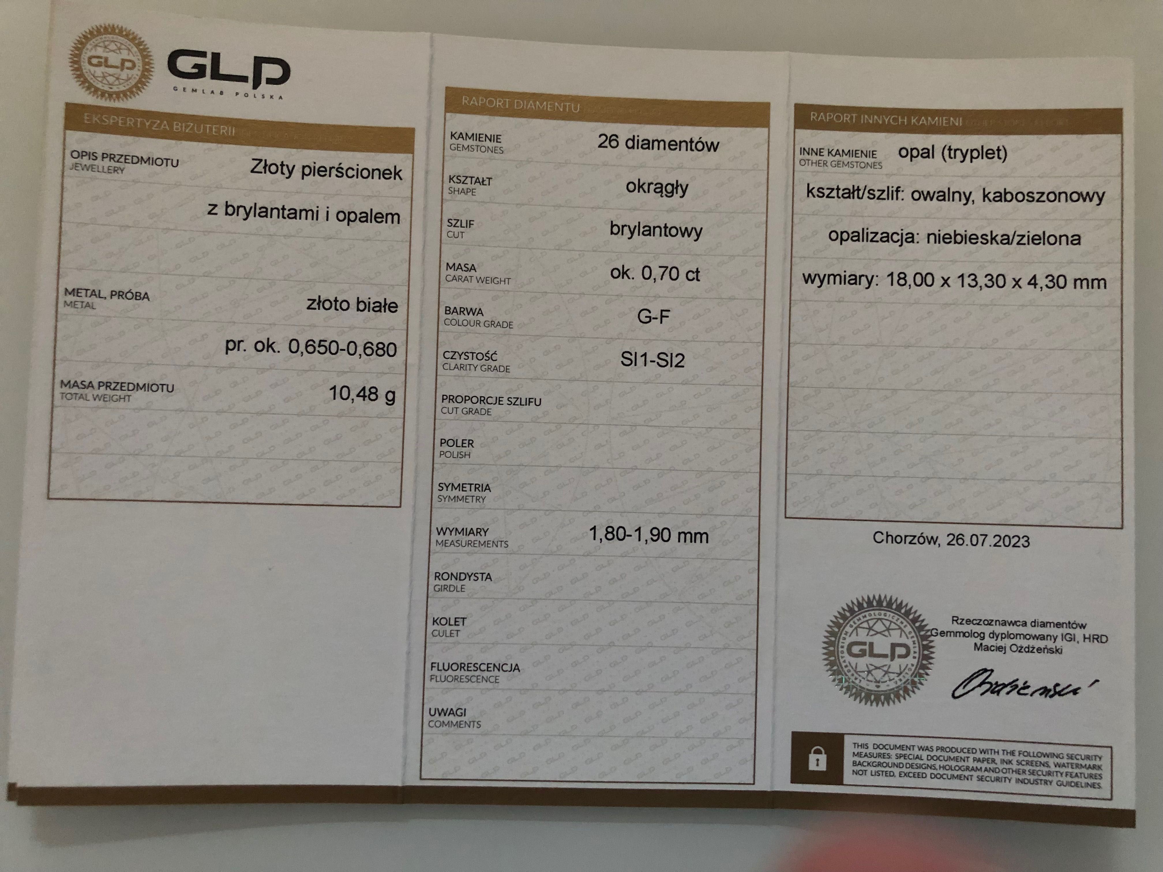 Koktajlowy Złoty pierścionek z Brylantami i Oplem - 10,48 g / 0,70 ct