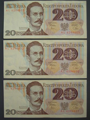Banknoty PRL 20 zł - Romuald Traugutt - seria AL z 1 czerwca 1982 r.