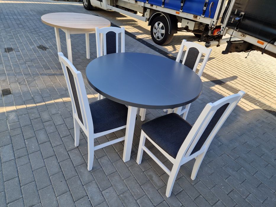 Nowe: Stół okrągły + 4 krzesła, bialy/grafit + grafit , dostawa PL