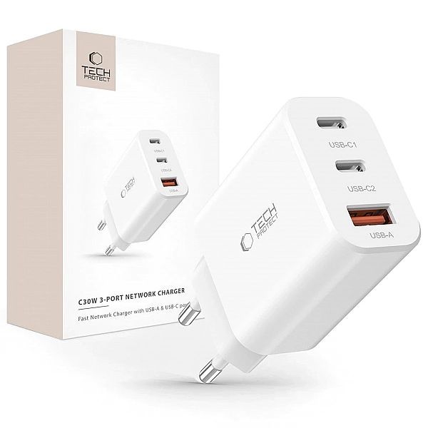 Ładowarka Tech-Protect Nc30w sieciowa 2x Usb-c Pd 30w / Usb-a Qc 3.0 -
