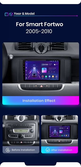 Rádio android 12 Smart Fortwo 2005 a 2015 1/32GB GPS WiFi SELADO