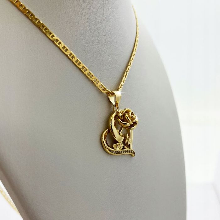 Ekskluzywny Damski Łańcuszek Gucci + Duże Serce Z Różą Srebro 925 Złot