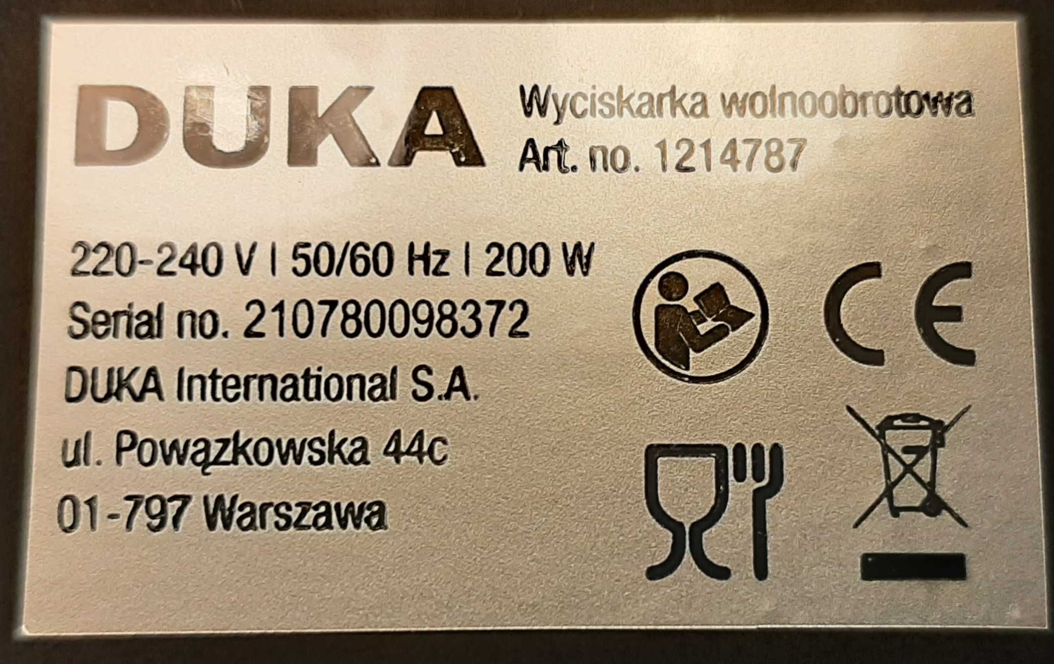 Wyciskarka wolnoobrotowa DUKA BOJE slow juicer
