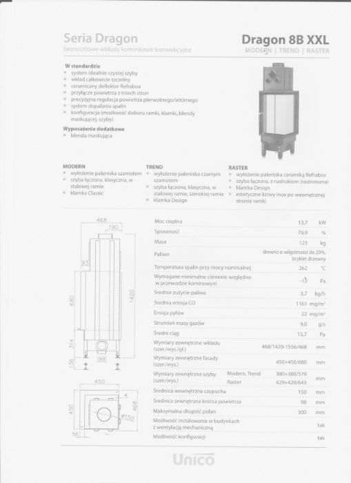 Kominek narożny Unico Dragon 8b xxl z wysoką szyba narożną