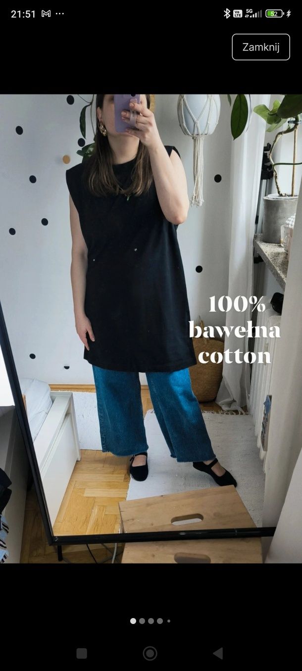 L/XL bawełniana czarna długa koszulka bez rękawów top bluzeczka