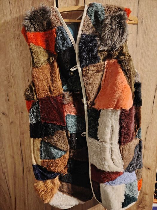 Vintage skórzana kamizelka patchwork z futerkiem – unikat handmade