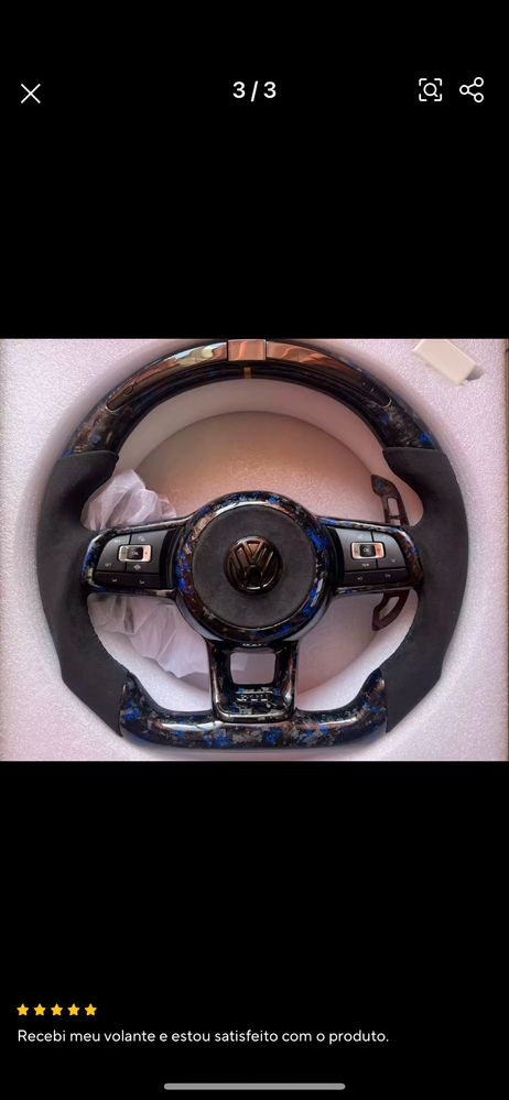 Volante VW em Carbono C/ Patilhas e LED MK5,6,7,8 R Personalizável
