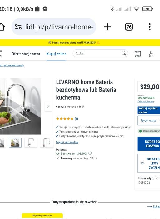 Bateria kuchenna kran Nowy 5 lat gwarancji LIVARNO