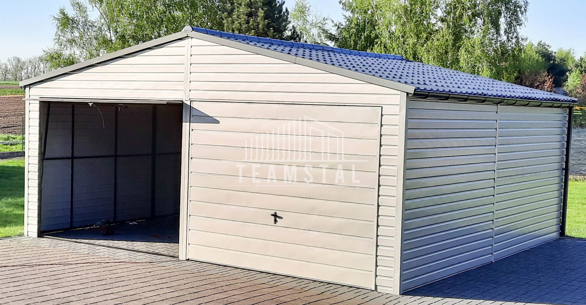 GARAŻ BLASZANY 6,5m x 6m dwuspad 2x Brama biały + antracyt TS292