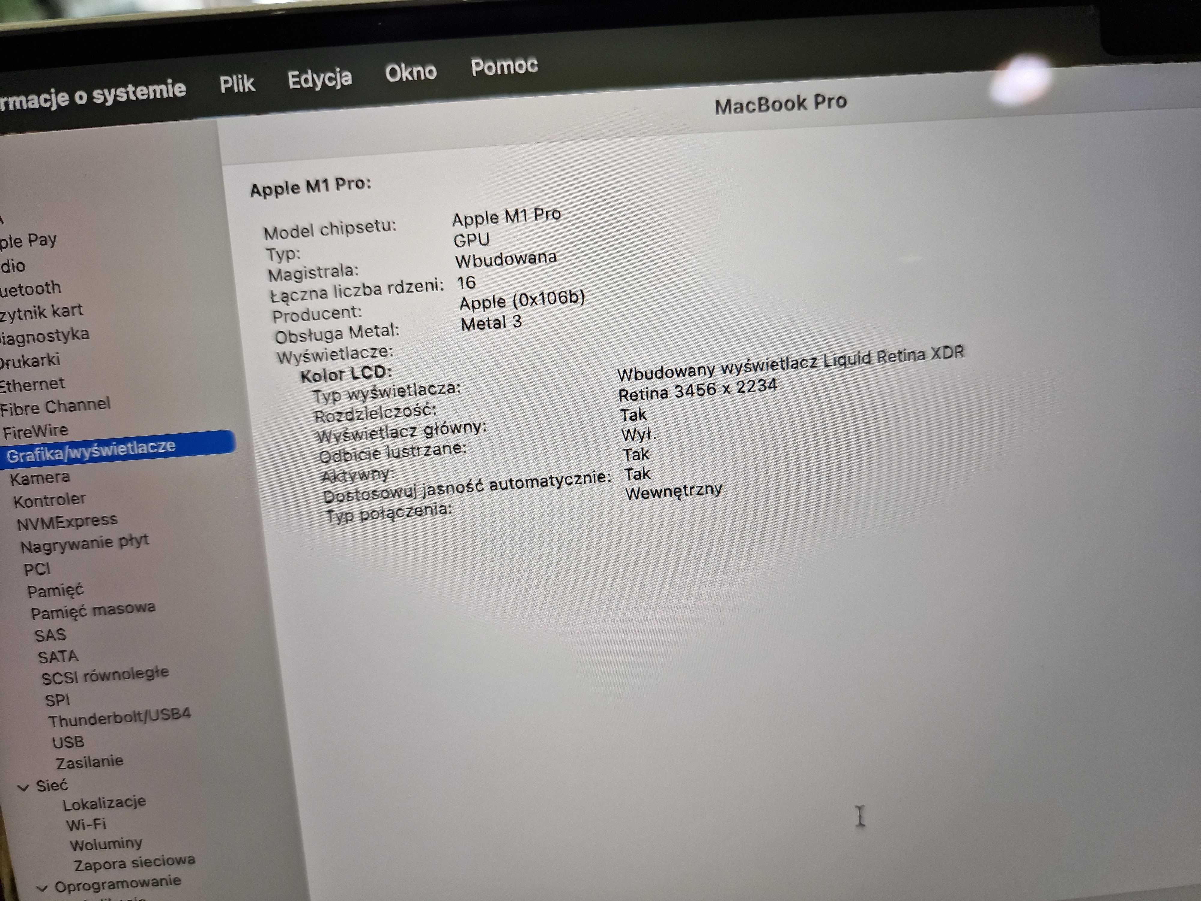 Macbook PRO 16 2021/ M1 PRO/ 16GB/ 500GB/ 9 cykli/ Grade A/ 3456x2234