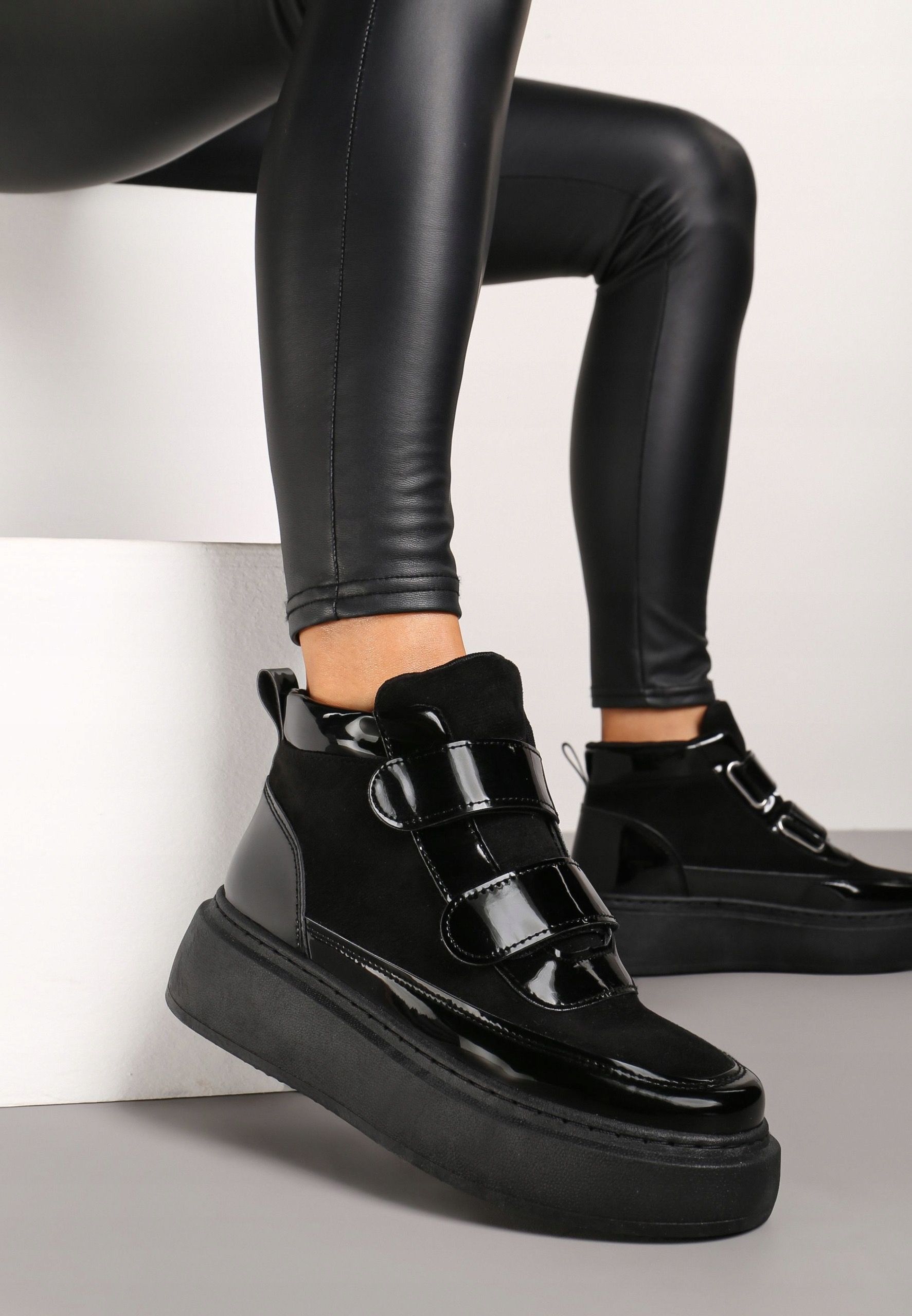 Buty damskie botki na platformie na rzepy r. 38 czarne lakierowane
