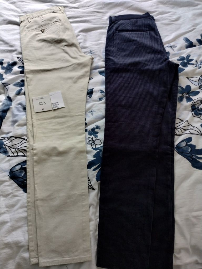 Spodnie chino H&M r. 46 S granatowe sztruksy skinny fit