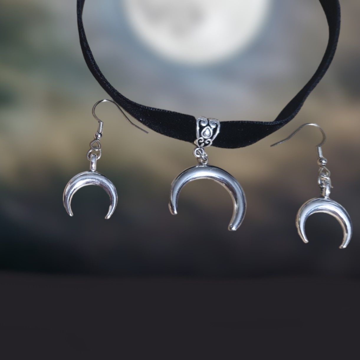 Komplet lunula choker słowiański naszyjnik kolczyki półksiężyc księżyc