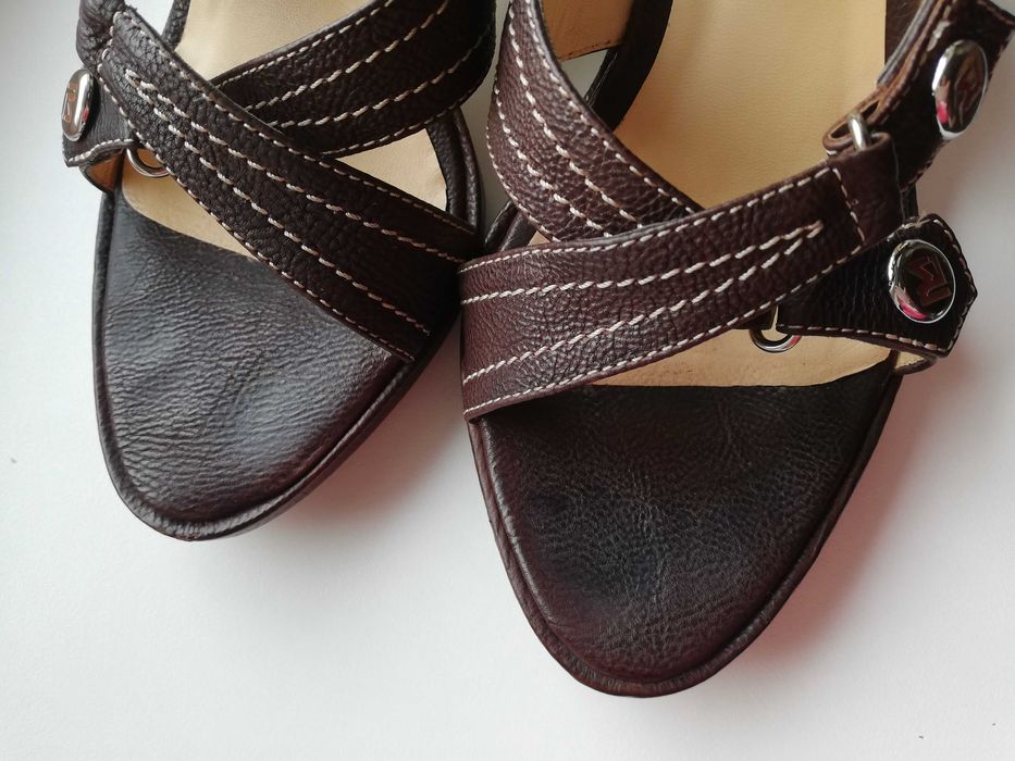 klapki damskie na koturnach na platformie 36,5 sandały 100% skóra brąz