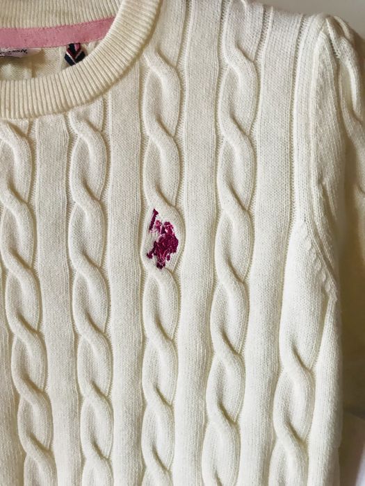 Sweterek U.S. Polo Assn. Ecru, we warkocze, bawelna, kr. rekaw, S