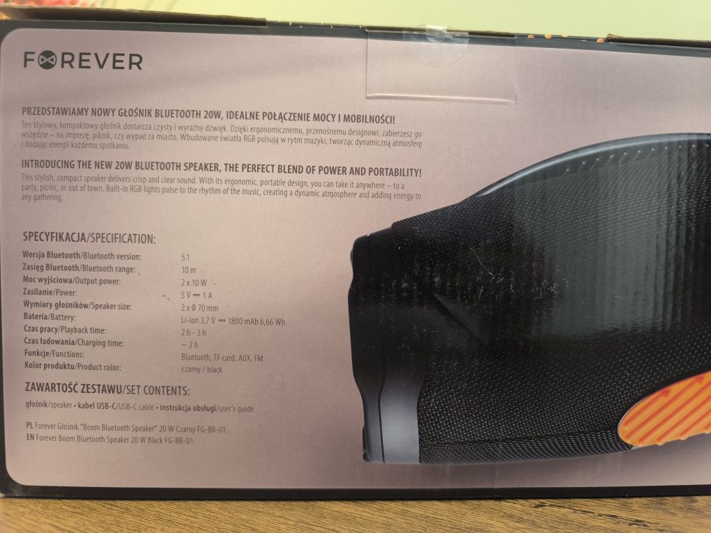 Głośnik przenośny 20W Bluetooth speaker CZARNY Forever, Nowy, Okazja