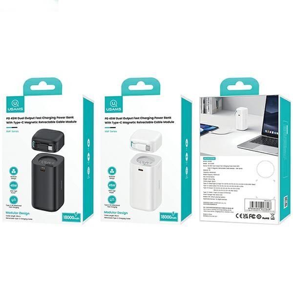 USAMS Powerbank ze zwijanym kablem USB-CRetractable 18000 mAh PD45W