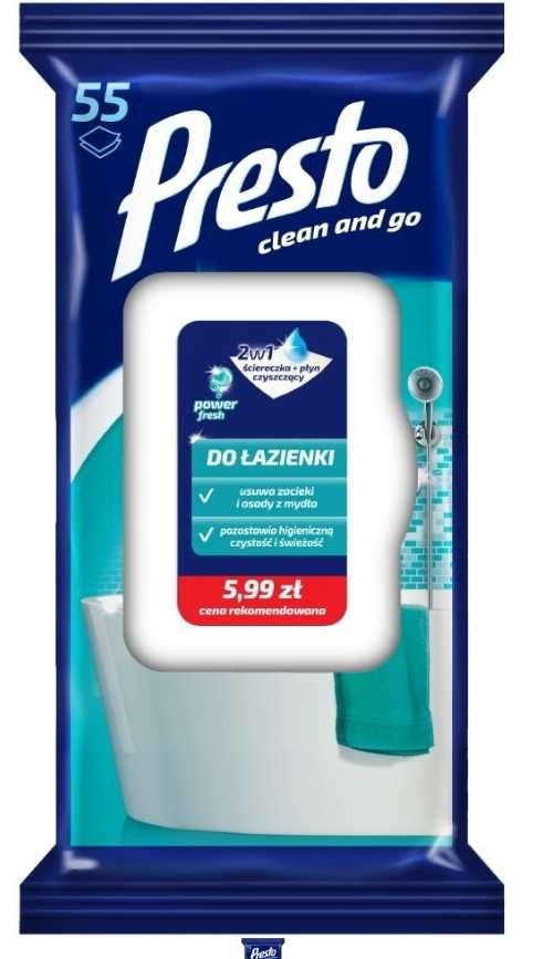Ściereczki nawilżane do łazienki Presto Power Fresh 55 szt. białe