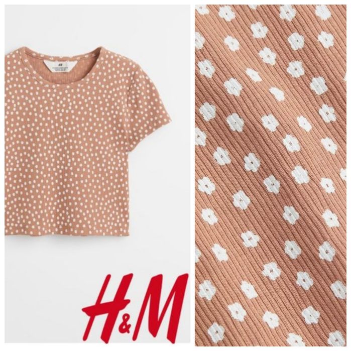 H&M 10-12lat Krótki top koszulka w prążki karmelowa w kwiatki bawełna