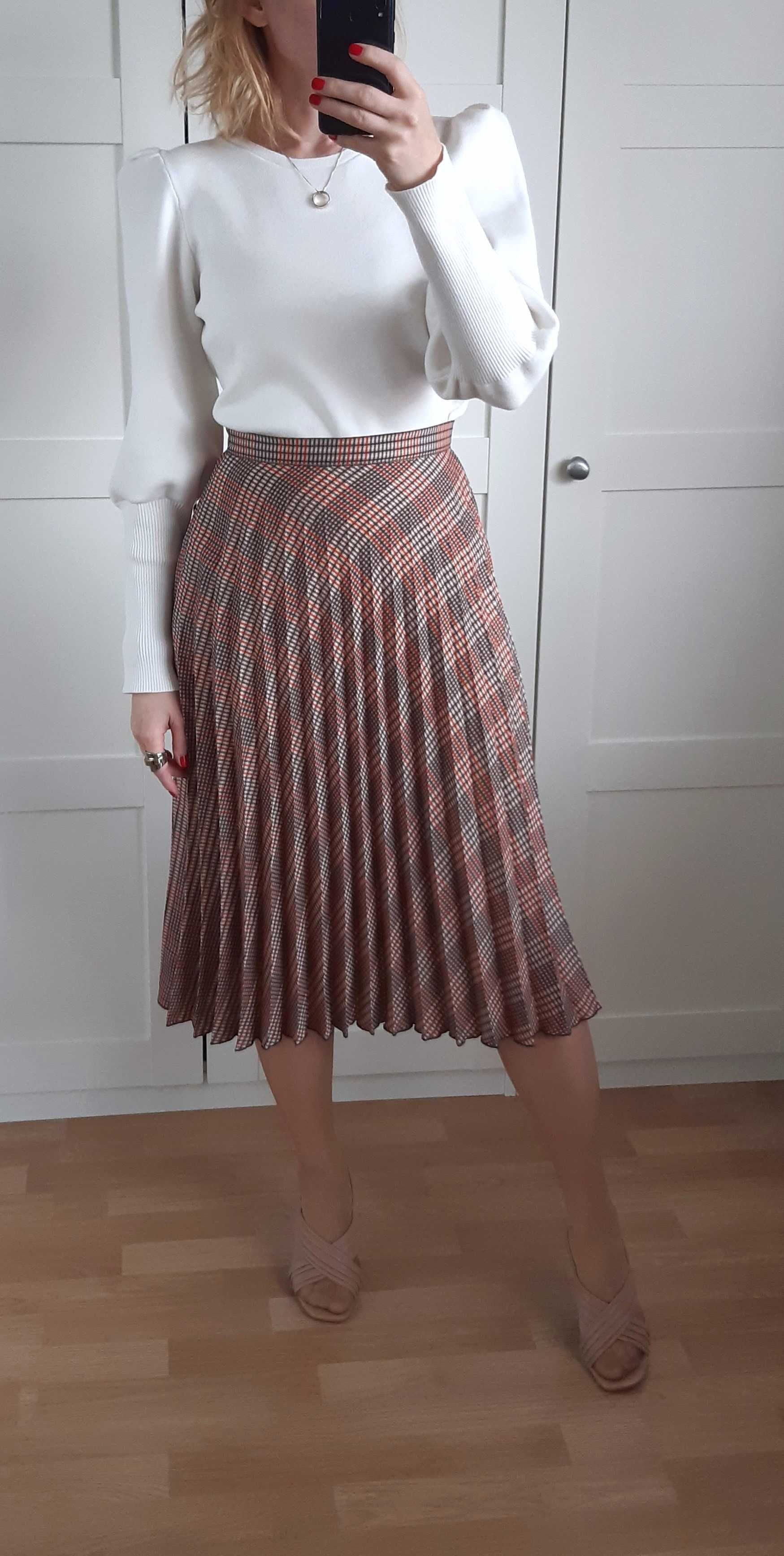 Plisowana Spódnica Midi w Kratkę H&M Cienka Wysoki Stan S