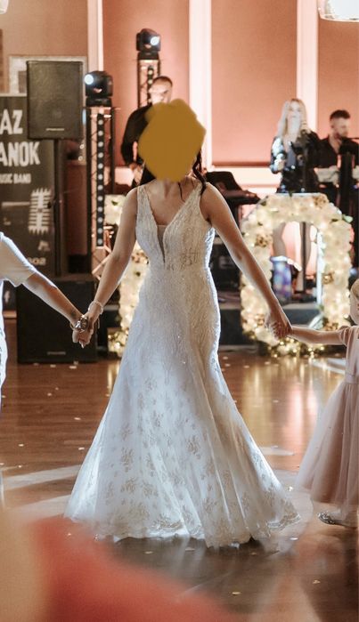 SUKNIA ŚLUBNA Rybka Agnes 34/36 Śmietanka Koronka