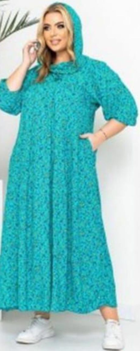 Штапельное платье  с карманами бохо 52-60 с капюшоном в стиле бохо.