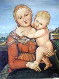 linda pintura religiosa em óleo "Nossa Senhora com o Menino" assinada