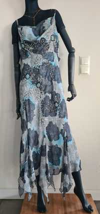 Sukienka Suknia zdobiona koralikami. Rozmiar 4XL 20 48. Kwiaty. Błękit