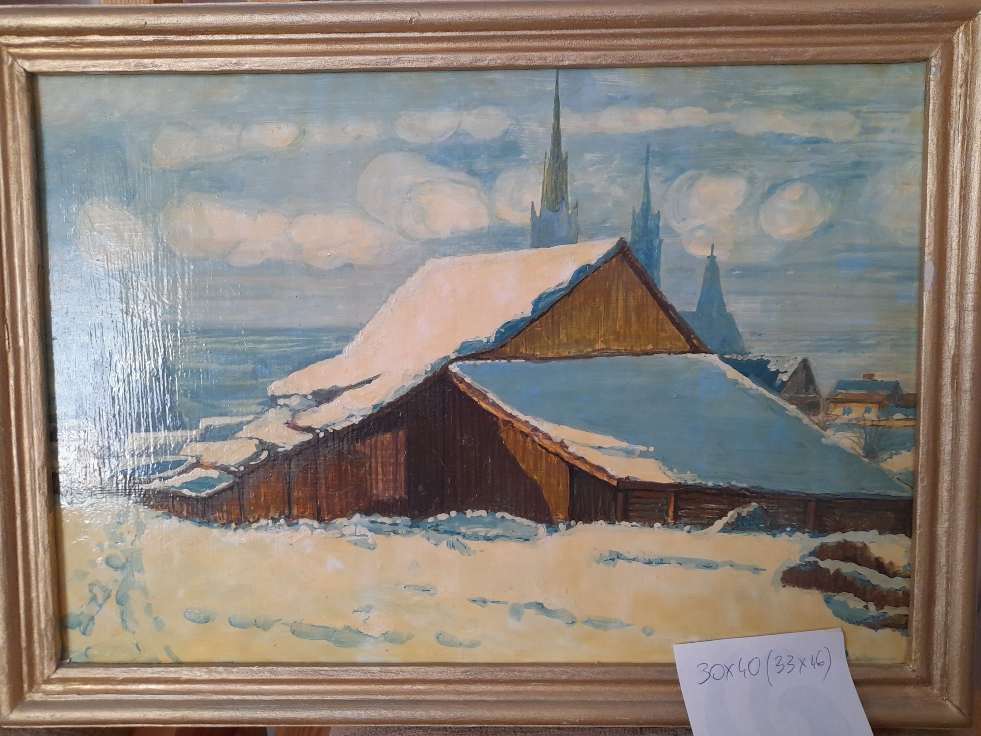 Obraz olej na płótnie - chata w śniegu