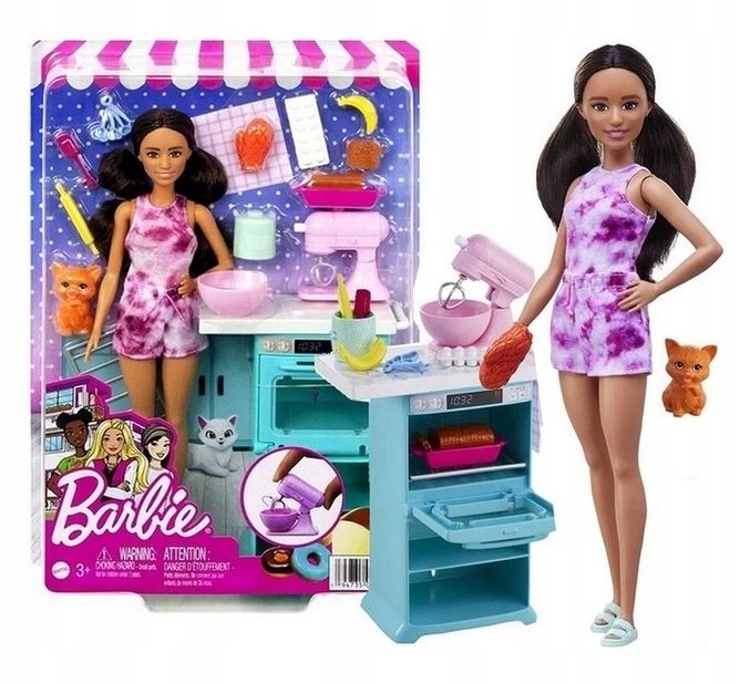 Lalka Barbie Hcd44 Kucharka Z Kotkiem Różowa Sukienka Brunetka Zestaw