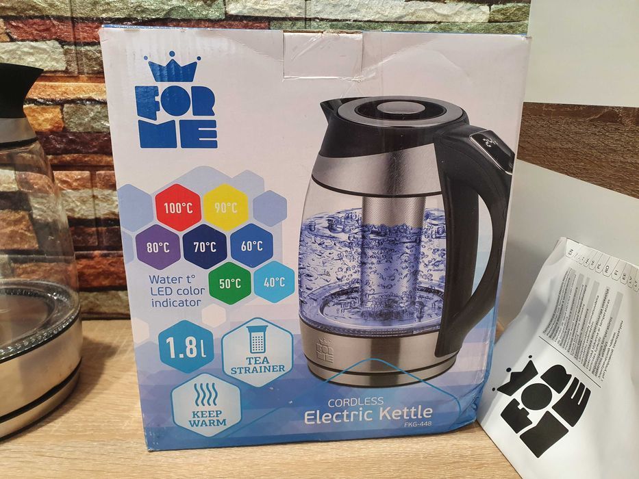 Czajnik Bezprzewodowy Szklany 1.8L Reg. Temp. 40-100°C LED Sitko ForMe