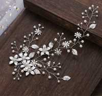 Ozdoba ślubna srebrna do włosów do koka kwiatuszki perełki ślub