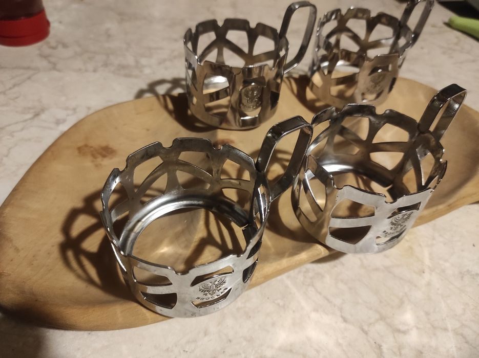 4 metalowe koszyczki do szklanek sygnowane Wrocław PRL, Vintage