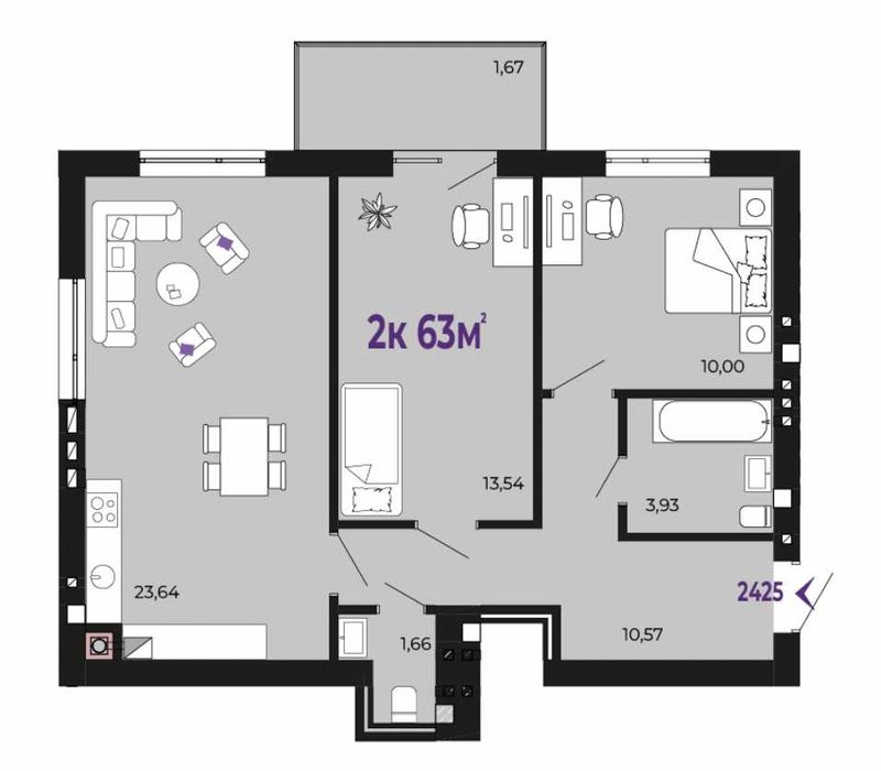 2к квартира з кухнею-студіо