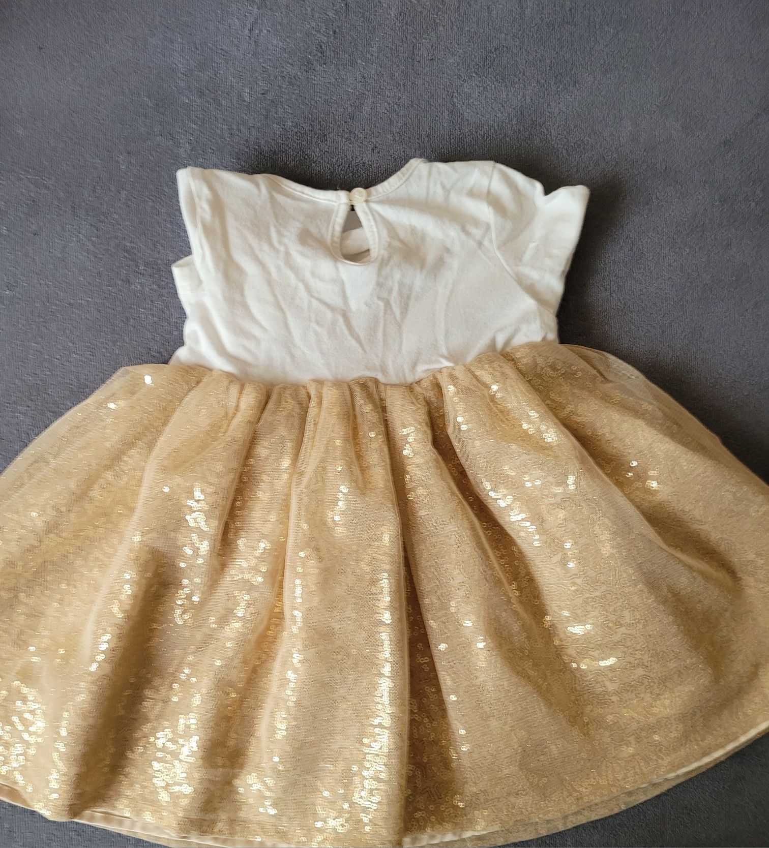 Sukienka 86 złoto biel kokarda cekiny balowa sylwester