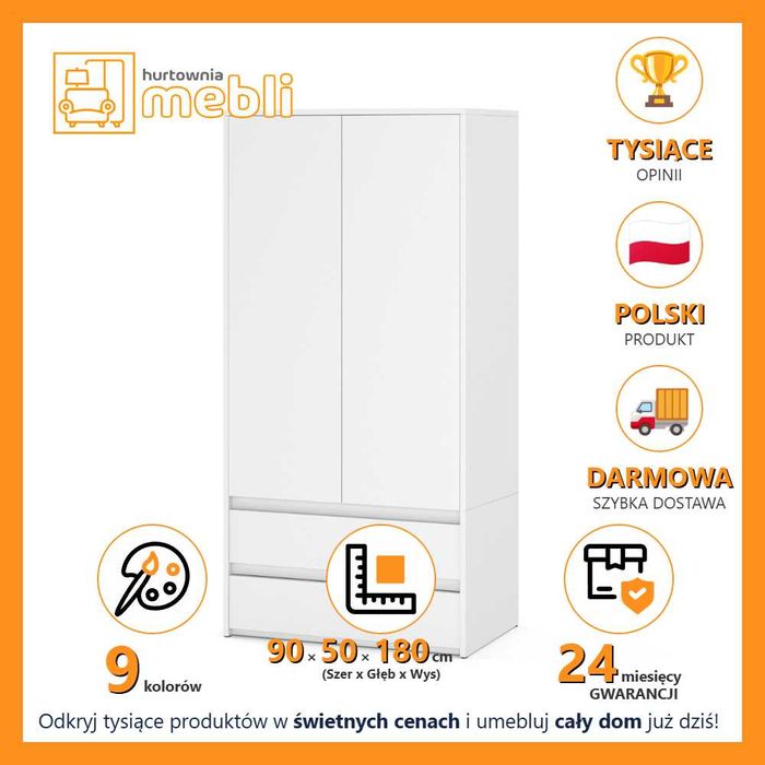 Szafa Garderoba Nowoczesna Do Sypialni 2 Szuflady Drążek Duża 80cm