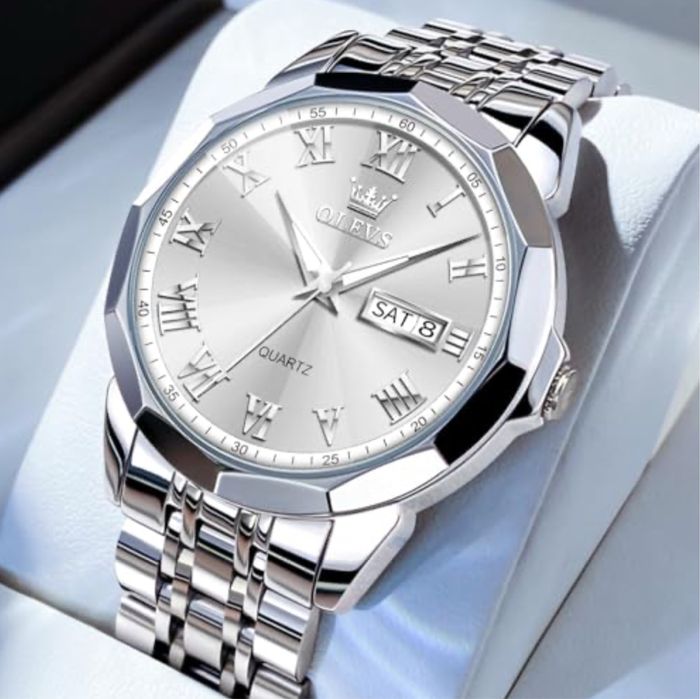 OLEVS Zegarek analogowy ze stali nierdzewnej, wodoszczelny