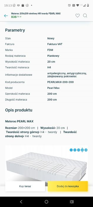 Materac 200x200cm 20 cm wysoki
