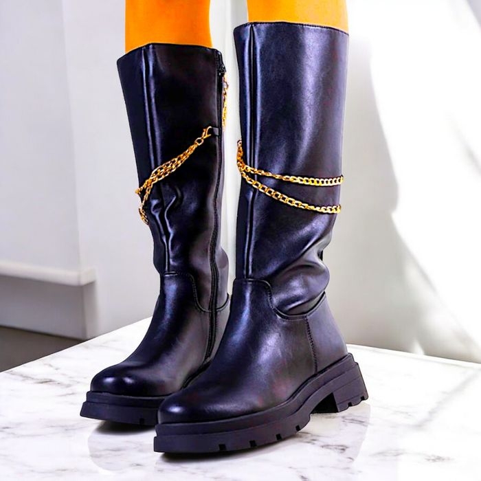 Czarne kozaki buty z ozdobnym łańcuchem 37